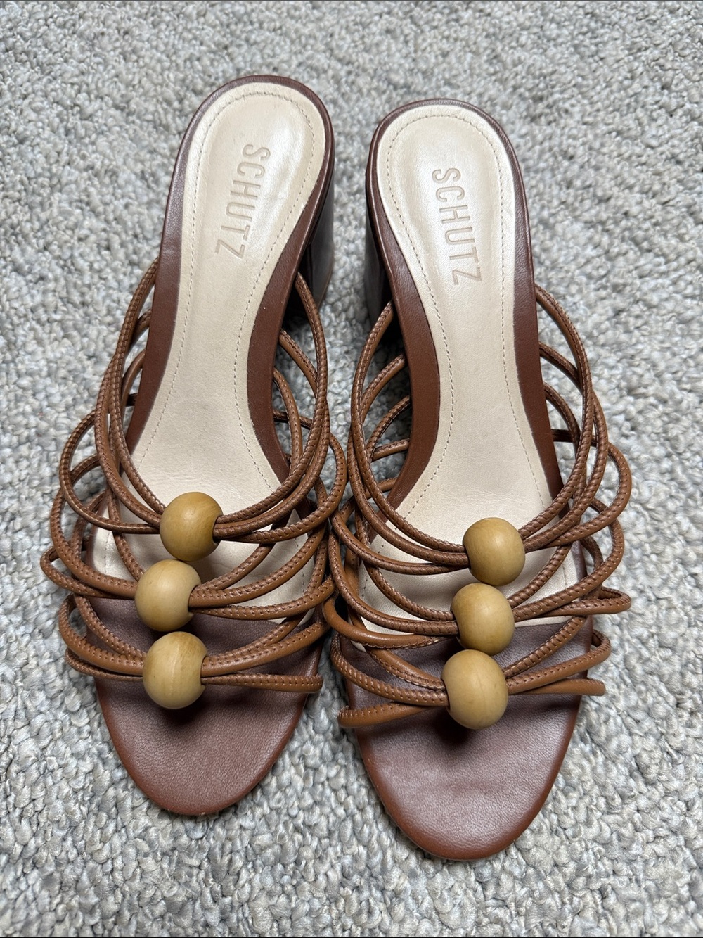 SCHUTZ Brown Leather Strappy Mules with Wood Bead Accents